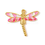 304 Stainless Steel Enamel Pendants, Dragonfly Charms, Ion Plating(IP), Real 18K Gold Plated, Pink, 31x25mm(STAS-OY003-01G)
