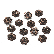 6-Petal Tibetan Style Alloy Hollow Flower Bead Caps, Cadmium Free & Nickel Free & Lead Free, Red Copper, 6x1.5mm, Hole: 2mm(TIBE-S221-R-NR)