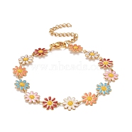 Enamel Daisy Link Chains Bracelet, Vacuum Plating 304 Stainless Steel Jewelry for Women, Golden, Colorful, 7-1/4 inch(18.4cm)(BJEW-P271-01G-06)
