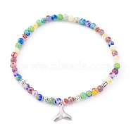 304 Stainless Steel Charm Stretch Bracelets, with Alloy Beads and Millefiori Glass Beads, Whale Tail Shape, Colorful, Inner Diameter: 2-1/4 inch(5.8cm)(BJEW-JB05975-04)