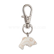Dolphin Synthetic Turquoise Pendant Decorations, with Alloy Swivel Lobster Claw Clasps, Floral White, 45mm(HJEW-JM01505-01)