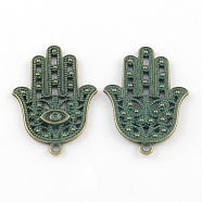 Zinc Alloy Hamsa Hand/Hand of Fatima/Hand of Miriam with Eye Pendants, Cadmium Free & Nickel Free & Lead Free, Antique Bronze & Green Patina, 42x28x2.5mm, Hole: 2mm(PALLOY-R065-028-FF)