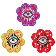 3Pcs 3 Colors Flower with Eye Pattern Cloth Embroidery on Applique Patch, Sewing Craft Decoration, with Plastic Seed Beads and Paillettes, Mixed Color, 108x115x2.5mm, 1pc/color(PATC-HY0001-27)