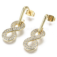 Brass Micro Pave Clear Cubic Zirconia Dangle Stud Earrings, with Earring Backs, Nickel Free, Number 8, Real 16K Gold Plated, 31.5mm, Pin: 1mm(EJEW-S208-117-NF)