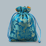 Chinese Style Silk Drawstring Jewelry Gift Bags, Jewelry Storage Pouches, Lining Random Color, Rectangle with Dragon Pattern, Steel Blue, 15x11.5cm(PAAG-PW0005-05E)