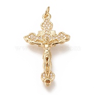 Brass Micro Pave Clear Cubic  Zirconia Pendants, with Jump Rings, Crucifix Cross, Real 18K Gold Plated, 35x19.5x4mm, Jump Ring: 5x1mm, 3mm Inner Diameter(ZIRC-L099-013G)