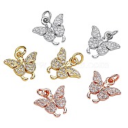 6Pcs 3 Colors Brass Micro Pave Cubic Zirconia Charms, with Jump Rings, Long-Lasting Plated, Cadmium Free & Lead Free, Butterfly, Mixed Color, 10.5x11.5x2mm, Hole: 2.6mm(ZIRC-SZ0002-73)