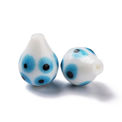 Handmade Evil Eye Lampwork Beads, Half Drilled, Teardrop, White, 18.5~22x14.5~15.5mm, Hole: 1.2mm(LAMP-F025-05C)