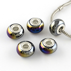 Rondelle AB-Color Handmade Porcelain European Beads, with Silver Color Plated Brass Cores, Large Hole Beads, Black, 14~16x9~10mm, Hole: 5mm(PORC-R042-C01)