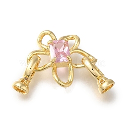 Brass Fold Over Clasps, Micro Pave Pink Cubic Zirconia, Flower, Real 18K Gold Plated, 40mm(KK-H480-24G)