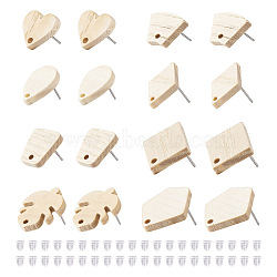 32Pcs 8 Style Ash Wood Stud Earring Findings, with 304 Stainless Steel Pin and 40PCS Plastic Ear Nut, Trapezoid & Rhombus & Teardrop & Pentagon & Heart, BurlyWood, 12~21.5x11~19mm, Pin: 0.7mm, 4Pcs/style(EJEW-TA0001-16V)