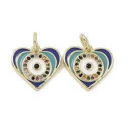 Real 18K Gold Plated Brass Micro Pave Cubic Zirconia Pendants, with Enamel and Jump Ring, Evil Eye Charms, Heart, 14x15x3mm, Hole: 4mm(KK-L209-072G-08)