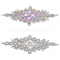 2Pcs 2 Style Flower Glitter Glass Rhinestone Appliques, Brass Iron on Patches, for DIY Wedding Dress, Bridal Belt, Shoes, Garment Decoration, Mixed Color, 240~242x90~95x4.5~5.5mm, 1pc/style(FIND-FG0002-60)