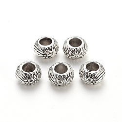 Tibetan Style Alloy European Beads, Large Hole Beads, Cadmium Free & Lead Free, Rondelle with Flower, Antique Silver, 9.5x6mm, Hole: 4.5mm, about 650pcs/1000g(TIBE-N006-101AS-LF)