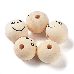 Printed Wood Beads, Round with Smiling Face, Undyed, Blanched Almond, 20mm, Hole: 2mm(WOOD-M010-01A)