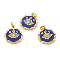 Brass Micro Pave Cubic Zirconia Pendants, with Jump Rings and Enamel, Flat Round with Evil Eye, Blue, Real 18K Gold Plated, 18.5x16x2mm, Jump Ring: 5x0.8mm, Hole: 3.5mm(KK-I672-22G)