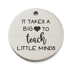 Titanium Steel Penndants, Flat Round with Word it Takes a Big to Teach Little Minds Charm, Stainless Steel Color, 25x2mm, Hole: 2mm(FIND-A034-01B)