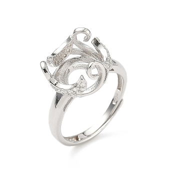 Rhodium Plated 925 Sterling Silver Micro Pave Clear Cubic Zirconia Adjustable Ring Components, Moon Bezel Cup Ring Setting with Oval Trays, Real Platinum Plated, Tray: 11.5x13.5mm, Inner Diameter: 16mm