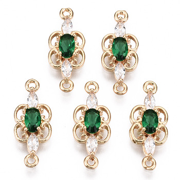 Brass Micro Pave Cubic Zirconia Links Connectors, with Glass, Long-Lasting Plated, Light Gold, Butterfly, Sea Green, 17.5x7x3mm, Hole: 1.2mm