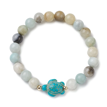 Round Natuarl Flower Amazonite Beaded Stretch Bracelets, Summer Beach Turtle Synthetic Turquoise Bracelets for Women Men, Inner Diameter: 2-1/8 inch(5.5cm), BReads: 7.5~8.5mm