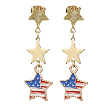 Independence Day Alloy Enamel Star Stud Earrings, Long Drop Earrings, Real 24K Gold Plated, 46x16mm
