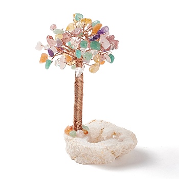 Natural Gemstone Chips and Natural Quartz Crystal Pedestal Display Decorations, Healing Stone Tree, for Reiki Healing Crystals Chakra Balancing, with Rose Gold Plated Brass Wires, Lucky Tree, 57~86x59~69x95~110mm