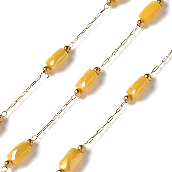 316 Surgical Stainless Steel Link Chains, with Steel and Glass Beads, Soldered, Real 18K Gold Plated, Goldenrod, 2.5x1x0.5mm, about 16.40 Feet(5m)/Roll