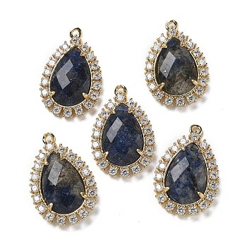 Natural Sodalite Faceted Teardrop Pendants, Rack Plating Brass Micro Pave Clear Cubic Zirconia Drop Charms, Golden, 25x16.5x5.5mm, Hole: 1.4mm