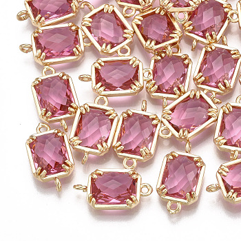 Glass Links connectors, with Brass Findings, Faceted, Rectangle, Golden, Hot Pink, 16x9x3.5mm, Hole: 1.2mm