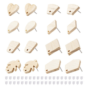 32Pcs 8 Style Ash Wood Stud Earring Findings, with 304 Stainless Steel Pin and 40PCS Plastic Ear Nut, Trapezoid & Rhombus & Teardrop & Pentagon & Heart, BurlyWood, 12~21.5x11~19mm, Pin: 0.7mm, 4Pcs/style