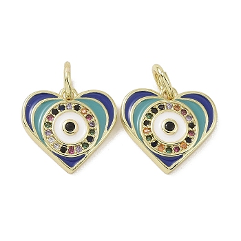 Real 18K Gold Plated Brass Micro Pave Cubic Zirconia Pendants, with Enamel and Jump Ring, Evil Eye Charms, Heart, 14x15x3mm, Hole: 4mm
