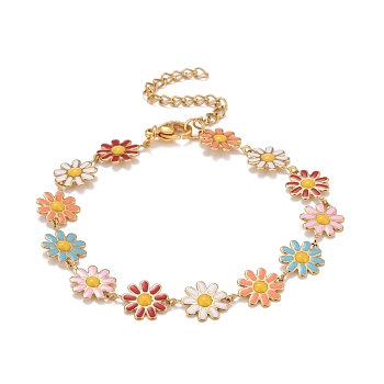 Enamel Daisy Link Chains Bracelet, Vacuum Plating 304 Stainless Steel Jewelry for Women, Golden, Colorful, 7-1/4 inch(18.4cm)