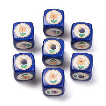 Printed Opaque Acrylic Beads, Cube, Blue, 14x14x14mm, Hole: 4mm