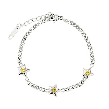 Star Micro Pave Zircon Charm Bracelet, Stainless Steel Curb Chain Bracelet for Women