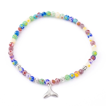 304 Stainless Steel Charm Stretch Bracelets, with Alloy Beads and Millefiori Glass Beads, Whale Tail Shape, Colorful, Inner Diameter: 2-1/4 inch(5.8cm)