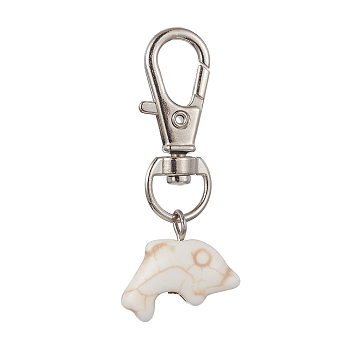 Dolphin Synthetic Turquoise Pendant Decorations, with Alloy Swivel Lobster Claw Clasps, Floral White, 45mm