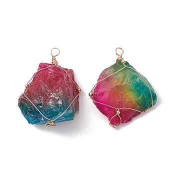 Electroplated Raw Rough Natural Quartz Crystal Big Pendants, Nuggets Charms with Light Gold Plated Copper Wire Wrapped, Colorful, 46~65x31.5~46.5x20~29mm, Hole: 4.5~5.5mm