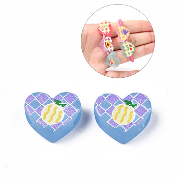 Transparent Printed Acrylic Beads, for Hair Rope DIY, Large Hole Beads, Rubberized Style, Heart with Pineapple Pattern, Cornflower Blue, 14x18x8mm, Hole: 4mm