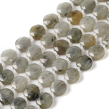 Natural Labradorite Bead Strands, Faceted, Flat Round, 10~10.5x10.5~11x5.5~6mm, Hole: 1mm, about 29pcs/strand, 14.76 inch(37.5cm)