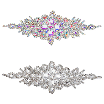 2Pcs 2 Style Flower Glitter Glass Rhinestone Appliques, Brass Iron on Patches, for DIY Wedding Dress, Bridal Belt, Shoes, Garment Decoration, Mixed Color, 240~242x90~95x4.5~5.5mm, 1pc/style