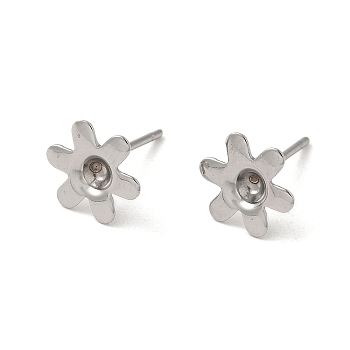 Flower 201 Stainless Steel Stud Earring Findings, Earring Settings with 304 Stainless Steel Pins, Stainless Steel Color, 9.5x8.5mm, Pin: 11x0.8mm, Tray: 2.8mm