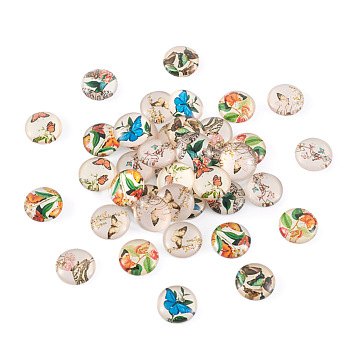 Pandahall 50Pcs 10 Colors Glass Cabochons, Half Round/Dome with Butterfly Pattern, Mixed Color, 12x4.5mm, 5pcs/color