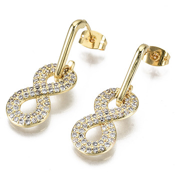 Brass Micro Pave Clear Cubic Zirconia Dangle Stud Earrings, with Earring Backs, Nickel Free, Number 8, Real 16K Gold Plated, 31.5mm, Pin: 1mm