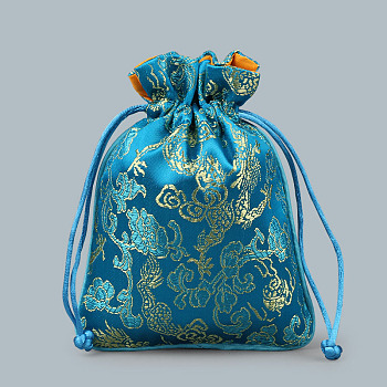 Chinese Style Silk Drawstring Jewelry Gift Bags, Jewelry Storage Pouches, Lining Random Color, Rectangle with Dragon Pattern, Steel Blue, 15x11.5cm