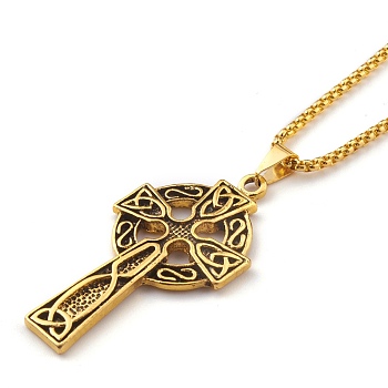 Titanium Steel Claddagh Cross Pendant Necklaces, with Box Chains, Antique Golden, 23.62 inch(60cm)