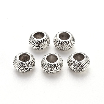 Tibetan Style Alloy European Beads, Large Hole Beads, Cadmium Free & Lead Free, Rondelle with Flower, Antique Silver, 9.5x6mm, Hole: 4.5mm, about 650pcs/1000g