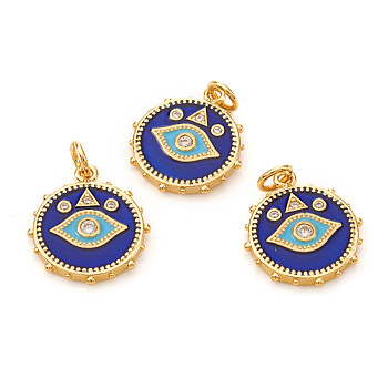 Brass Micro Pave Cubic Zirconia Pendants, with Jump Rings and Enamel, Flat Round with Evil Eye, Blue, Real 18K Gold Plated, 18.5x16x2mm, Jump Ring: 5x0.8mm, Hole: 3.5mm