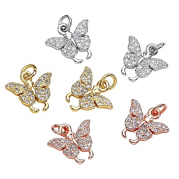 6Pcs 3 Colors Brass Micro Pave Cubic Zirconia Charms, with Jump Rings, Long-Lasting Plated, Cadmium Free & Lead Free, Butterfly, Mixed Color, 10.5x11.5x2mm, Hole: 2.6mm