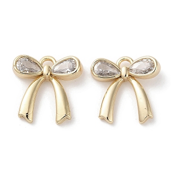 Brass Micro Pave Clear Cubic Zirconia Charms, Bowknot, Real 18K Gold Plated, 12.5x13x2mm, Hole: 1.4mm