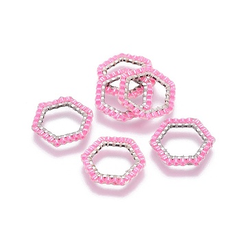 MIYUKI & TOHO Handmade Japanese Seed Beads, with 304 Stainless Steel Link Rings, Loom Pattern, Hexagon, Silver, Pearl Pink, 15~15.5x16x1.8~2mm